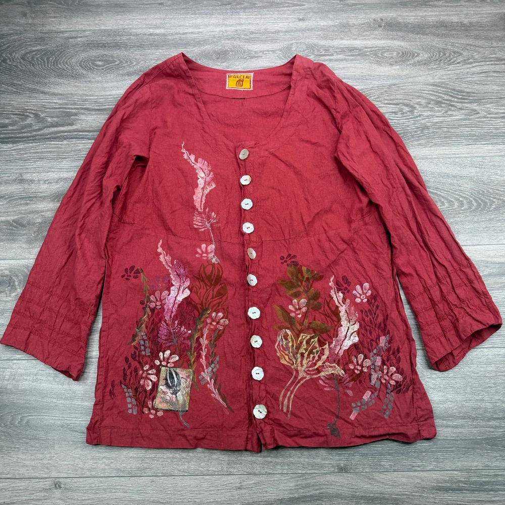 Blue Fish Barclay Womens Large Red Hemp Cotton Art to Wear Split Side Tunic